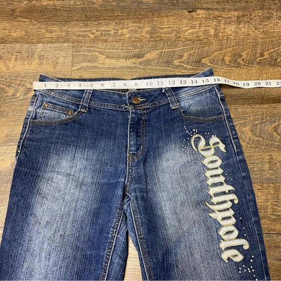VINTAGE Southpole Jeans Juniors 11 Blue Bootcut Flare Embellished Spellout Y2K - Picture 4 of 12